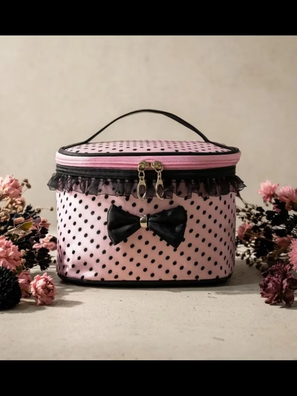 Pink Polka Dot Cosmetic Train Case with Black Bow